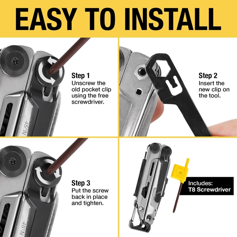 Samorillo [2-Pack] Stainless Steel Pocket Clip - Perfect Fit For Leatherman Signal Multi-Tool - 1 Black + 1 Silver/Metal - Add Or Replace Broken Belt Clip in Seconds - Screwdriver Included For Easy Installation - Image 5