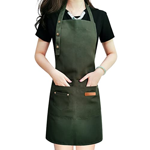 LOYGLIF Apron for Men Women with Adjustable Straps and Large Pockets, Canvas Cotton Cooking Kitchen Chef Bib Aprons Waterproof Green - Image 1