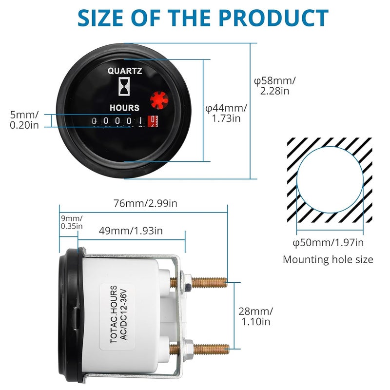 AUTOUTLET Quartz Hour Meter 6V-80V, 12 Volt Industrial Hour Meter with Metal Mount Bracket Anti-Vibration, Waterproof Quartz Design for Indoor and Vehicle Use - Image 2