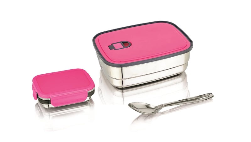 Nabhya Nabhya Brazil Big Stainless Steel Tiffin Box for Kids, Airtight Leak Proof Lunch Box with Mini Katori Inside with Spoon | Meal Lunch Box for School, Boys & Girls-1220ml (Big, Pink) - Image 1