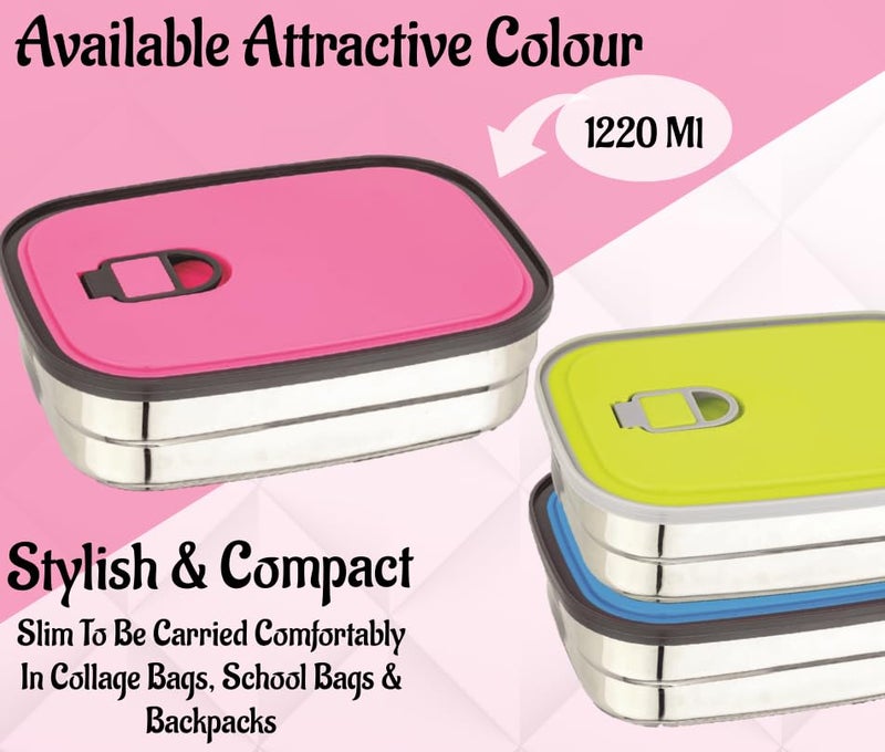 Nabhya Nabhya Brazil Big Stainless Steel Tiffin Box for Kids, Airtight Leak Proof Lunch Box with Mini Katori Inside with Spoon | Meal Lunch Box for School, Boys & Girls-1220ml (Big, Pink) - Image 3