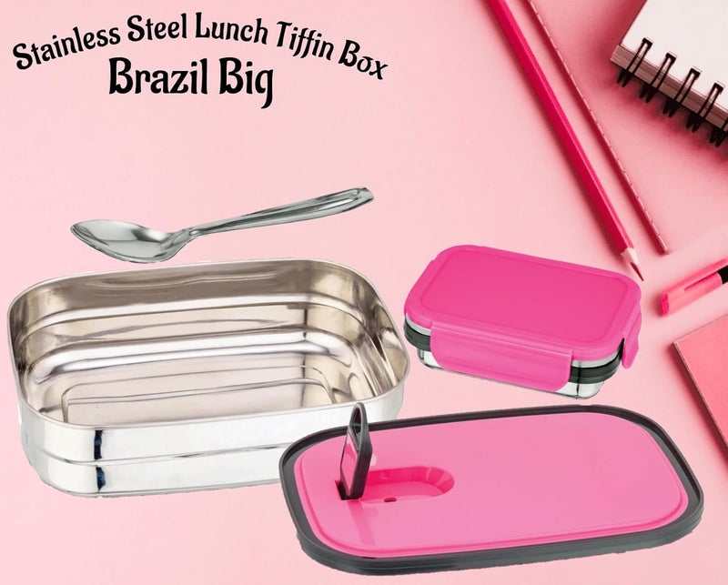 Nabhya Nabhya Brazil Big Stainless Steel Tiffin Box for Kids, Airtight Leak Proof Lunch Box with Mini Katori Inside with Spoon | Meal Lunch Box for School, Boys & Girls-1220ml (Big, Pink) - Image 2