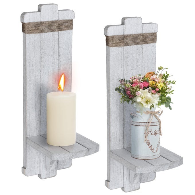 FARMHOUSE WALL DECOR CANDLE SCONCES 2 PCS RUSTIC SCANDINAVIAN HANDMADE WOODEN WALLMOUNT CANDLE HOLDERS FOR BEDROOM LIVING ROOM BATHROOM HOME HANGING ART DECORATIONS ACCESSORIES GIFTS GRAYISH WHITE