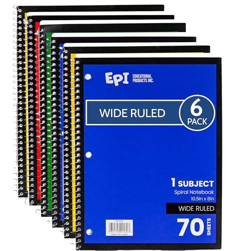 EPI Spiral Notebook | Wide - 70 Sheets, Durable Spiral Binding | 10.5 x 8 in | Classroom Supplies | School, Office, Note Taking, Journaling - 6 Pack - Image 1