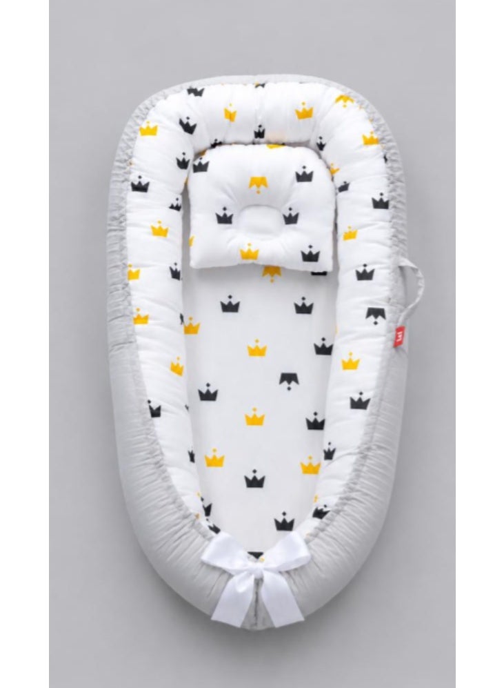 Baby Nest Sleeping Bed for Newborns – Soft Portable Infant Lounger with Crown Print