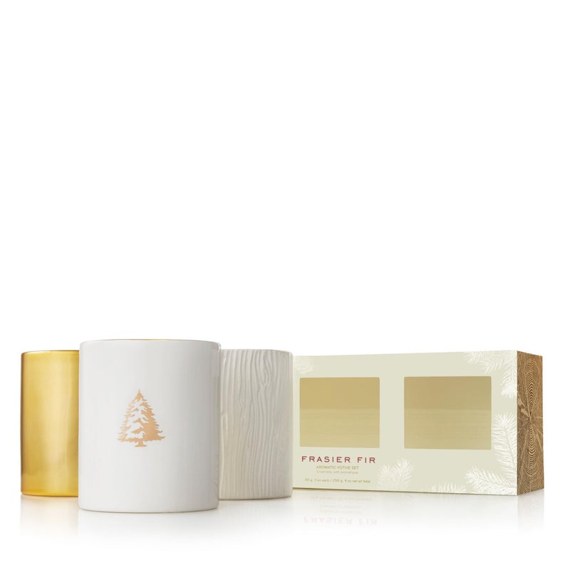 Thymes Frasier Fir Votive Candles  Gilded Collection  Crisp JustCut Forest Fragrance  Set of Three Holiday Candles  Wood Grain Gold and White  Gifts for Women  Men 3 oz Each Pack of 3