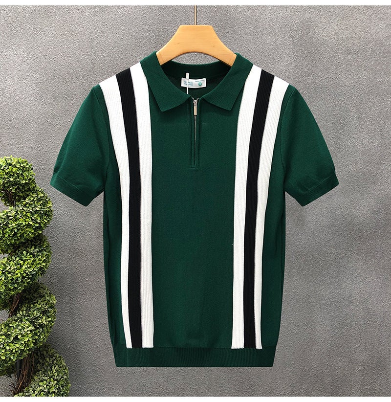 Thin Ice Silk Lapel Polo Shirt Mens Sports Casual Slim Breathable Knitted Short-Sleeved Fitness Elastic Pure Color T-Shirt 3666 green 