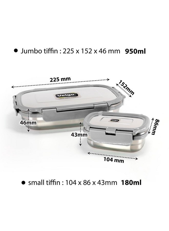 Veigo Steel Lunch Boxes for Office Men, Tiffin Box for Office Men, Lunch Box for Kids, Jumbo 950 ml, 180 ml Veg Box | Detachable Clips | Leakproof & Airtight | Durable Stainless Steel Lid | Grey - Image 4