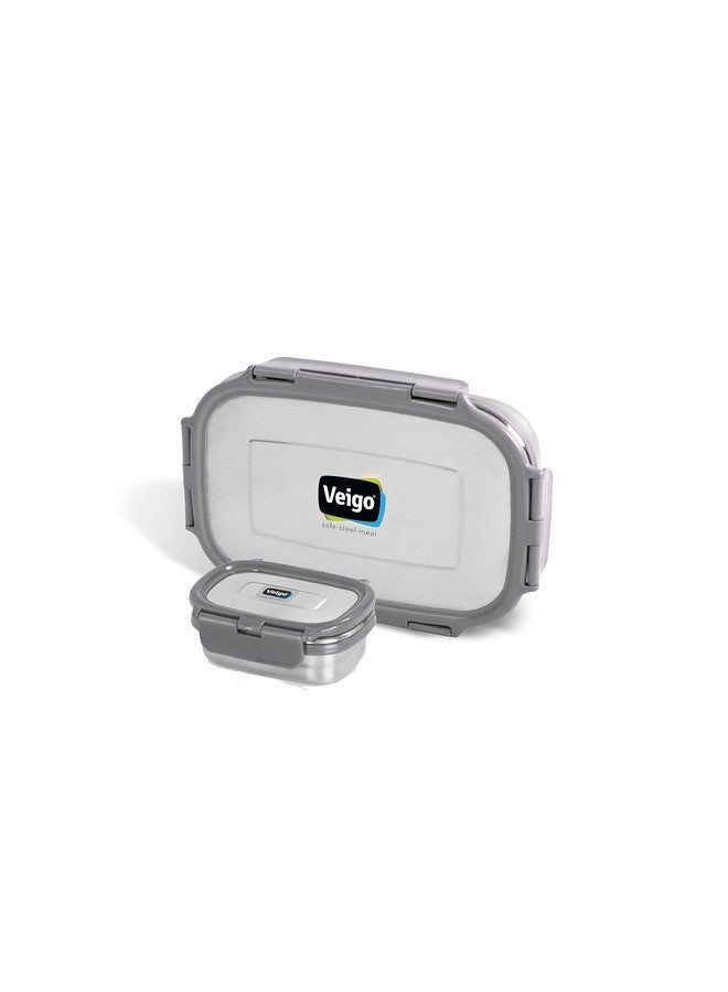 Veigo Steel Lunch Boxes for Office Men, Tiffin Box for Office Men, Lunch Box for Kids, Jumbo 950 ml, 180 ml Veg Box | Detachable Clips | Leakproof & Airtight | Durable Stainless Steel Lid | Grey - Image 1