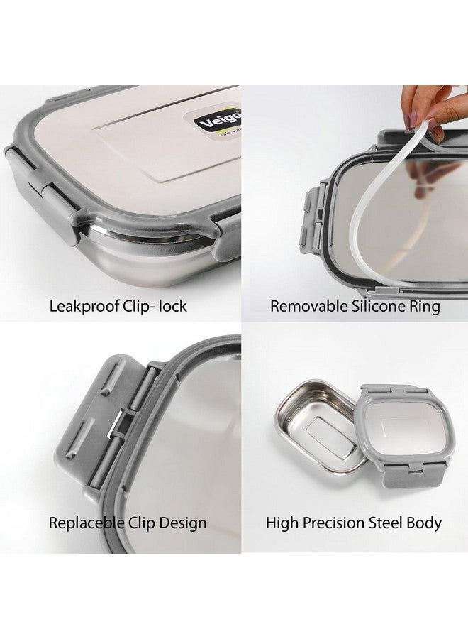 Veigo Steel Lunch Boxes for Office Men, Tiffin Box for Office Men, Lunch Box for Kids, Jumbo 950 ml, 180 ml Veg Box | Detachable Clips | Leakproof & Airtight | Durable Stainless Steel Lid | Grey - Image 2