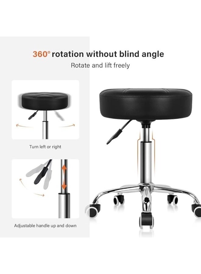 Round Rolling Stool Chair with Height Adjustable – PU Leather Swivel Drafting Work Stool for Salon, Medical, SPA, Office Use (Black) - Image 3