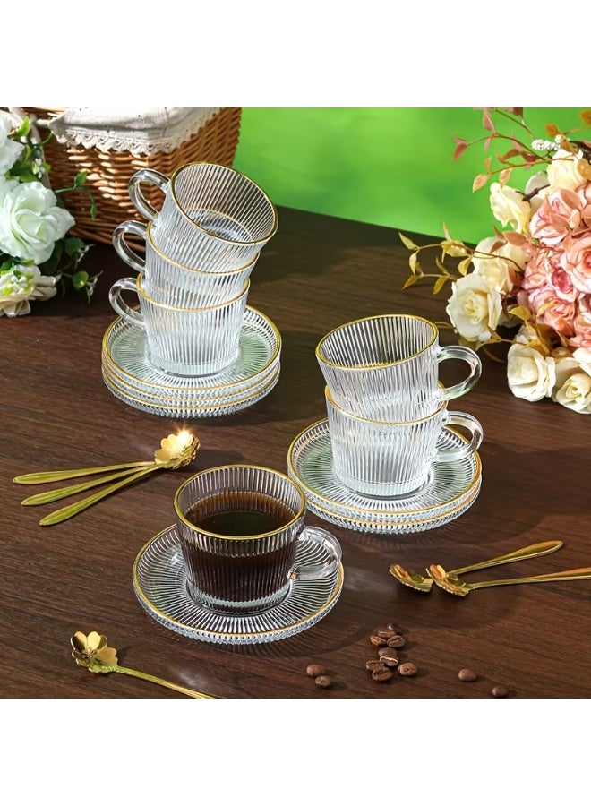 طقم أكواب قهوة زجاج شفاف مع أطباق – 6 مج + 6 طبق – تصميم أنيق مقاوم للحرارة – مناسب للشاي والقهوة – بدون معالق - Image 1