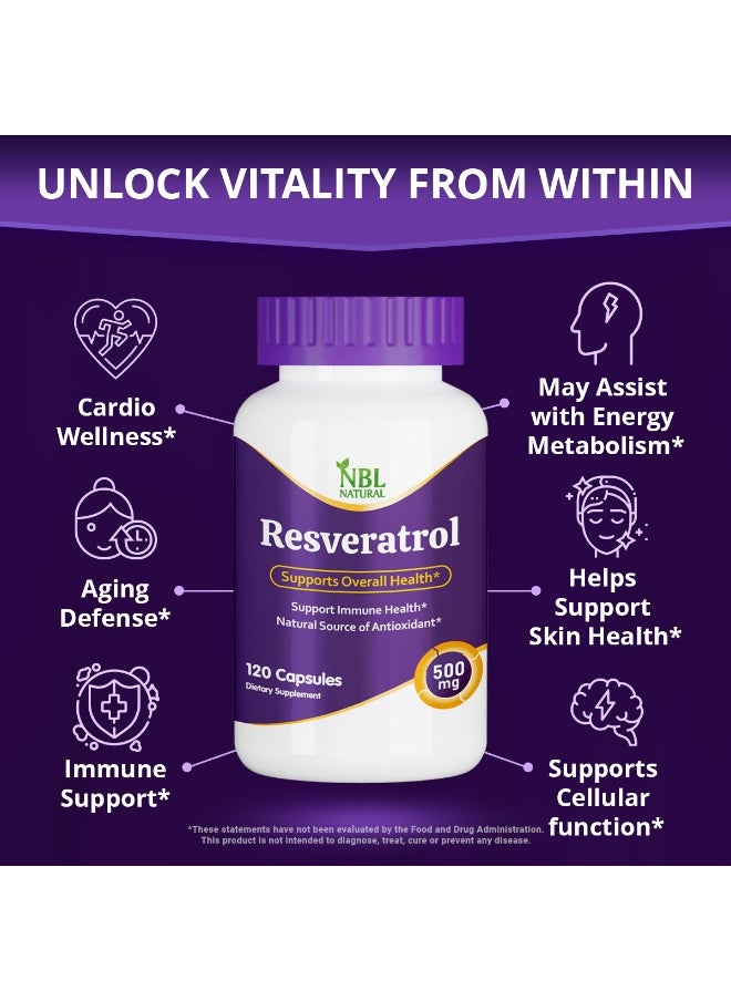 NBL Natural Resveratrol Supplement, 500mg, 120 Capsules, Immune Health Support  - Image 5