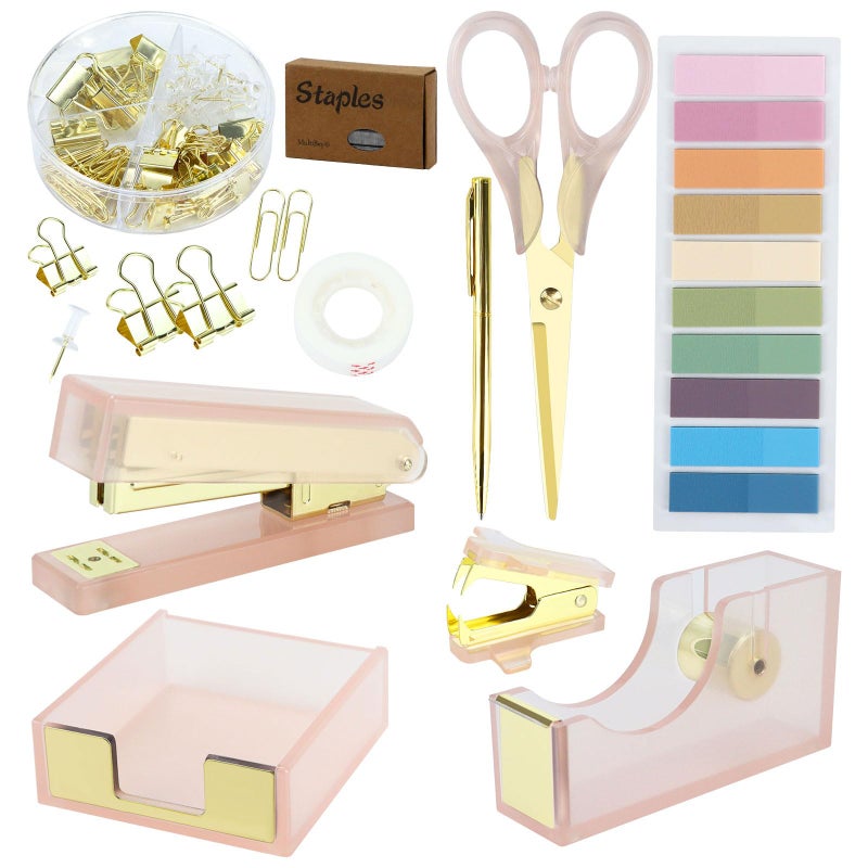 MultiBey Pink Gold Acrylic Sticky Notes Holder Stapler and Tape Dispenser Cutter with Sticky Notes, 950 Staples & Tape, Staple Remover, Scissor, Ballpoint Pen, Paper Clips Set for Women Office Home - Image 1