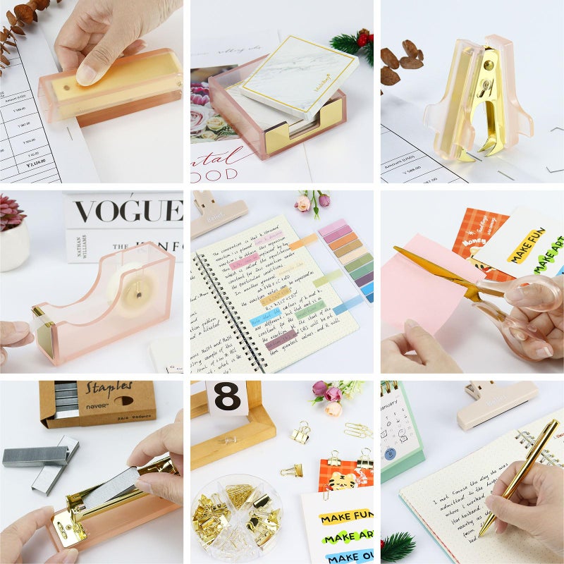 MultiBey Pink Gold Acrylic Sticky Notes Holder Stapler and Tape Dispenser Cutter with Sticky Notes, 950 Staples & Tape, Staple Remover, Scissor, Ballpoint Pen, Paper Clips Set for Women Office Home - Image 2