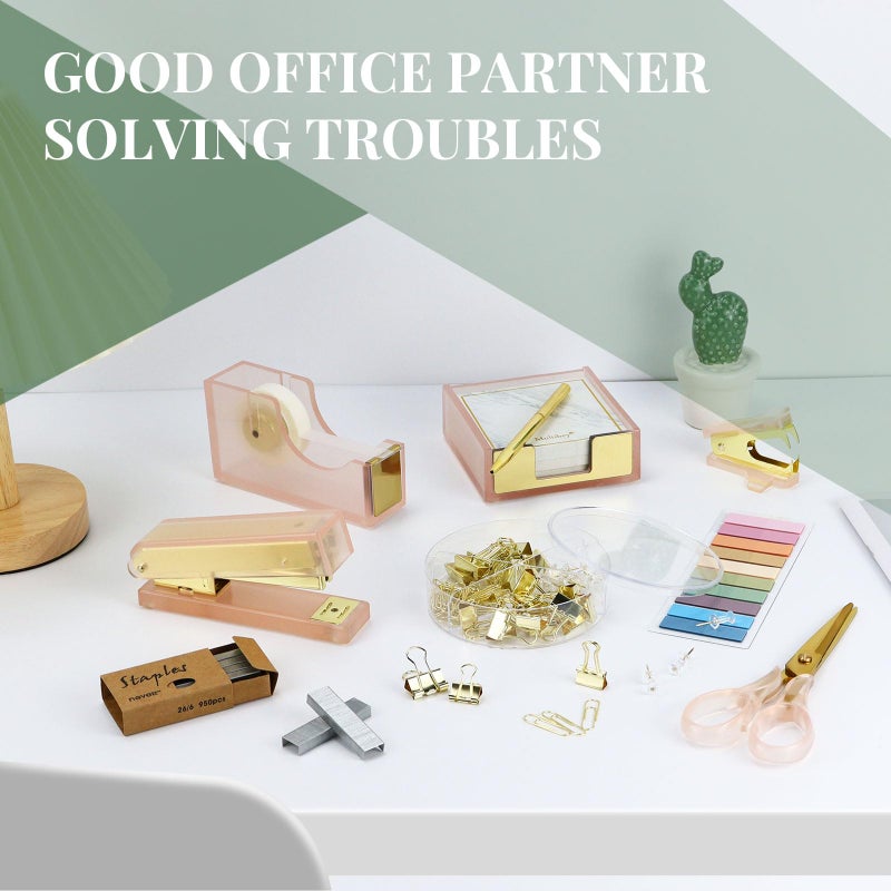 MultiBey Pink Gold Acrylic Sticky Notes Holder Stapler and Tape Dispenser Cutter with Sticky Notes, 950 Staples & Tape, Staple Remover, Scissor, Ballpoint Pen, Paper Clips Set for Women Office Home - Image 4