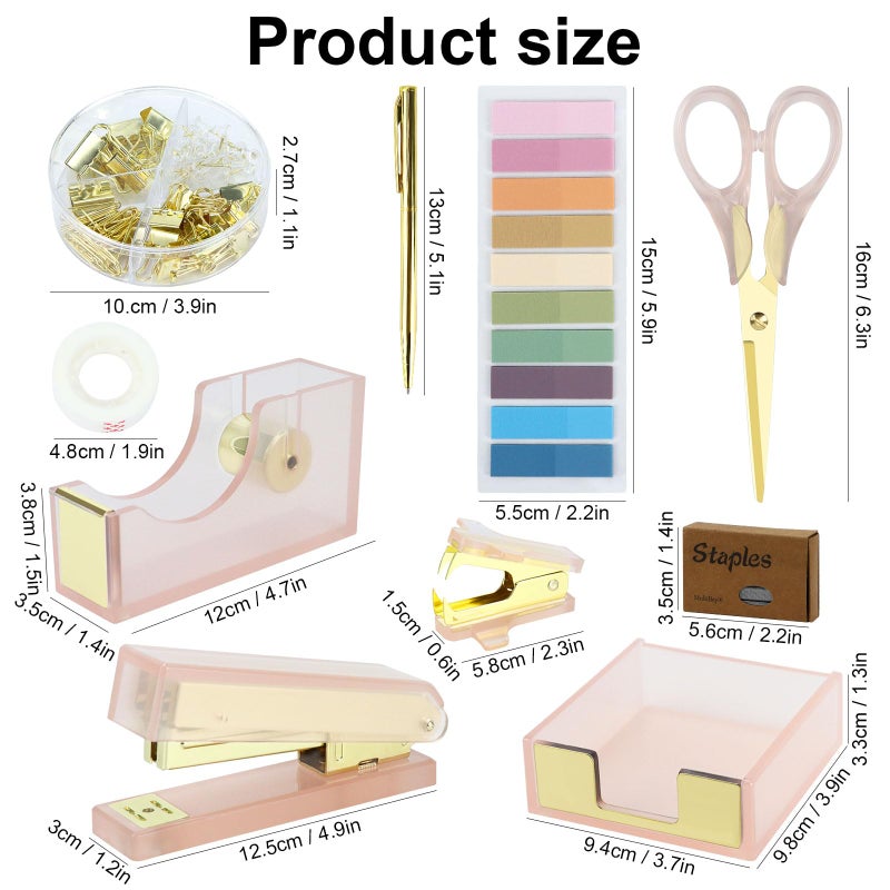 MultiBey Pink Gold Acrylic Sticky Notes Holder Stapler and Tape Dispenser Cutter with Sticky Notes, 950 Staples & Tape, Staple Remover, Scissor, Ballpoint Pen, Paper Clips Set for Women Office Home - Image 5