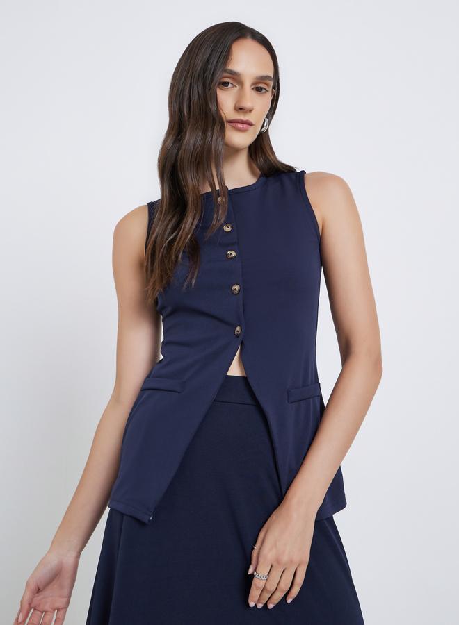 Styli Navy Blue Sleeveless Button-Down Vest Top - Image 1