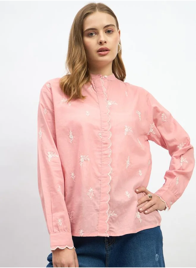 Styli Styli Embroidered Scalloped Detail Mandarin Collar Top