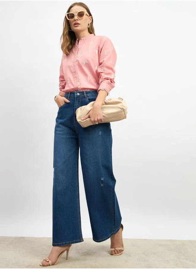 Styli Styli Embroidered Scalloped Detail Mandarin Collar Top
