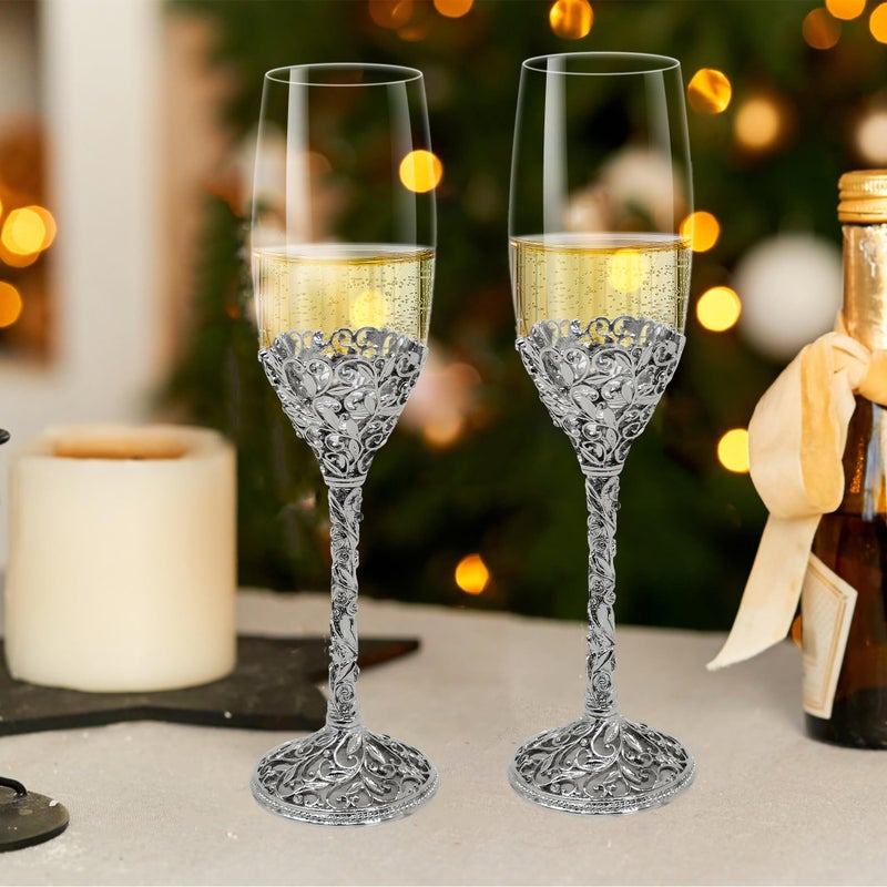Jozen Gift Champagne Flutes -His and Hers,Wedding Toasting Glasses for Engagement Celebrations, Bridal Shower and Registry Idea, Tall Wine Glasses for Bride and Groom Gifts,7oz (Silver new) - Image 4
