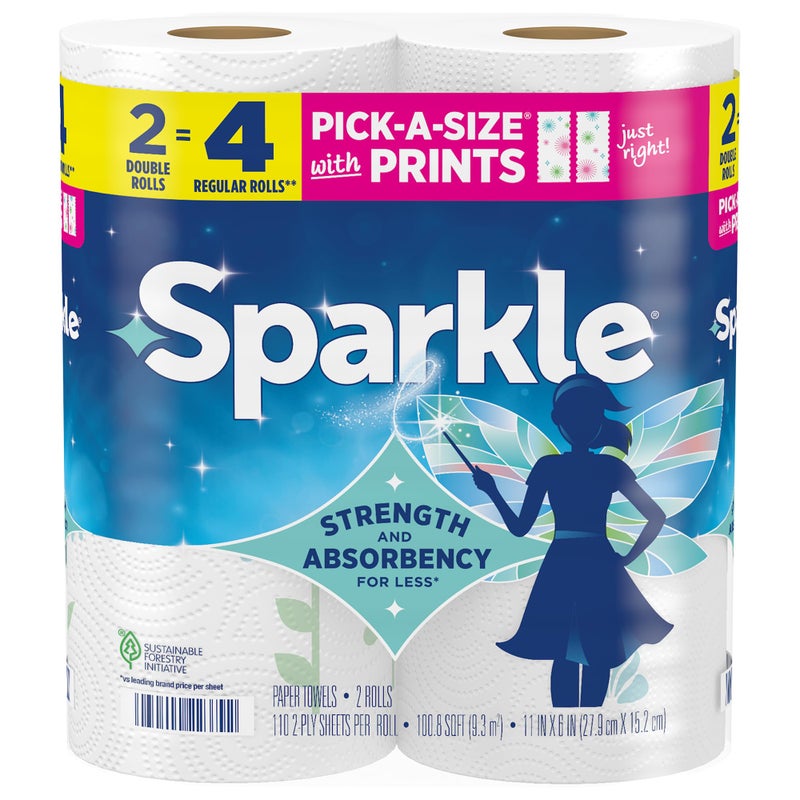Sparkle Pick-A-Size Paper Towels, Spirited Prints, 2 Double Rolls, Strong 2 Ply Towels for Kitchen Cleanup and Everyday Messes - Image 1