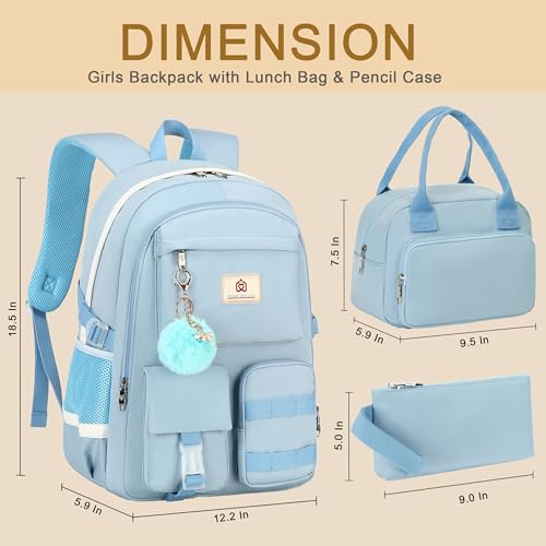 Hidds School Backpack for Teen Girls Women College Laptop Backpacks Kids Cute Bookbag Set with Lunch Box Pencil Case Elementary Middle High Campus Bag 3 Pcs Students Bookbags Sets Travel DaypackBlue - Image 3
