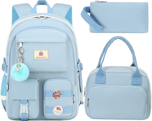 Hidds School Backpack for Teen Girls Women College Laptop Backpacks Kids Cute Bookbag Set with Lunch Box Pencil Case Elementary Middle High Campus Bag 3 Pcs Students Bookbags Sets Travel DaypackBlue - Image 1
