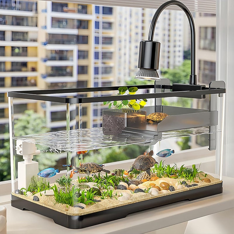 Moonmen Fish Aquarium, Turtle Tank Starter Kit with Light and Filter, Bottom Drainage, Multi-Function Areas for Turtles, Crabs,Fishes, Amphibians,Reptiles (39 * 22 * 21cm) - Image 1