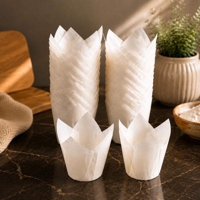 ورق كب كيك و المافين ابيض بريميوم – 100 قطعة، ورق خبز مثالي للكب كيك، المافين Premium White Paper Cupcake Cups, 100 Pcs – Baking Liners for Cupcakes, Muffins, Desserts. - Image 1