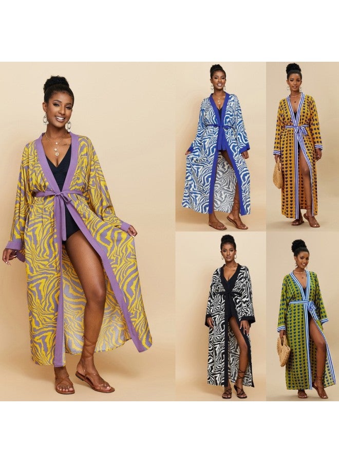 Loquat 2023 And Beach Blouse Cotton Zebra Cardigan Holiday Bikini Swimsuit Women's Beach Skirt-Color:78733-2 Blue Zebra- - Image 3