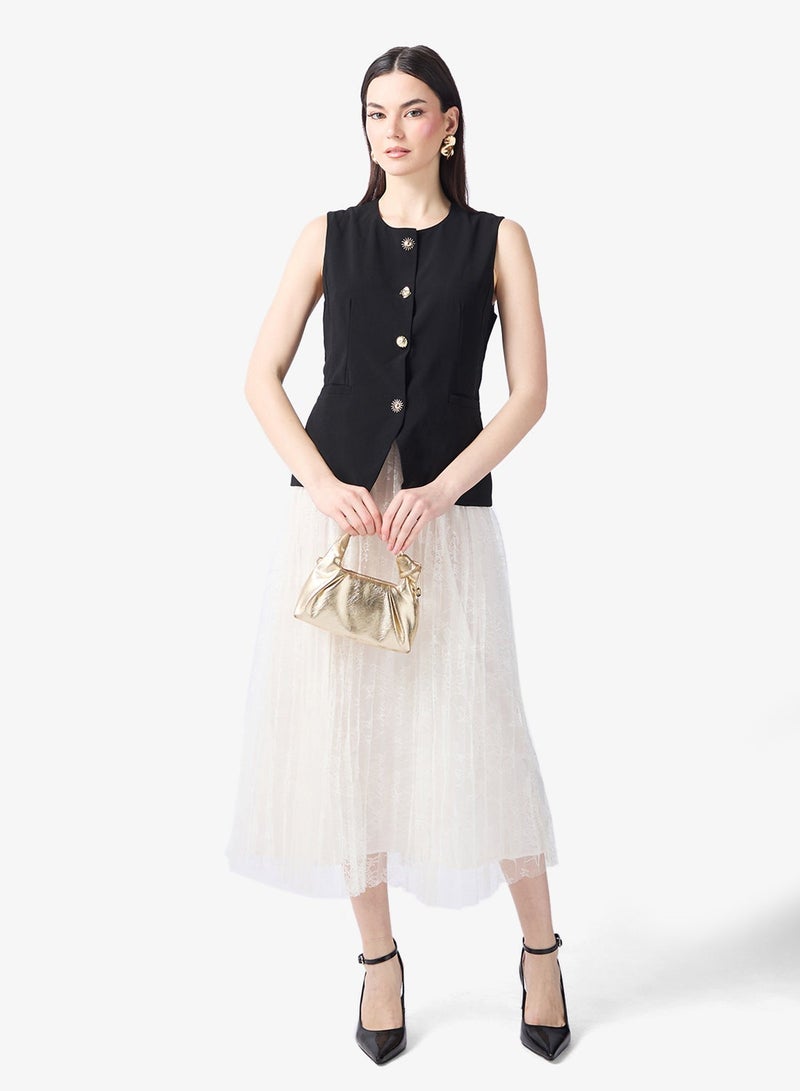 Style Cheat Pleated Button Detail Sleeveless Midi Dress - Image 1