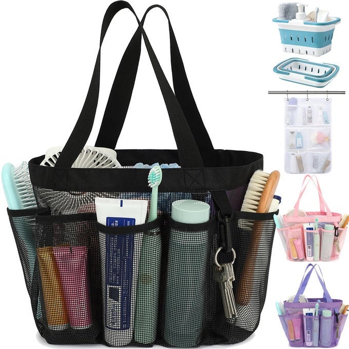 MESH SHOWER CADDY PORTABLE FOR COLLEGE DORM ROOM ESSENTIALS 8POCKET LARGE SHOWER BASKET TOTE BAG WITH 2 HANDLES FOR TOILETRY BATHROOM BEACH CAMP GYM