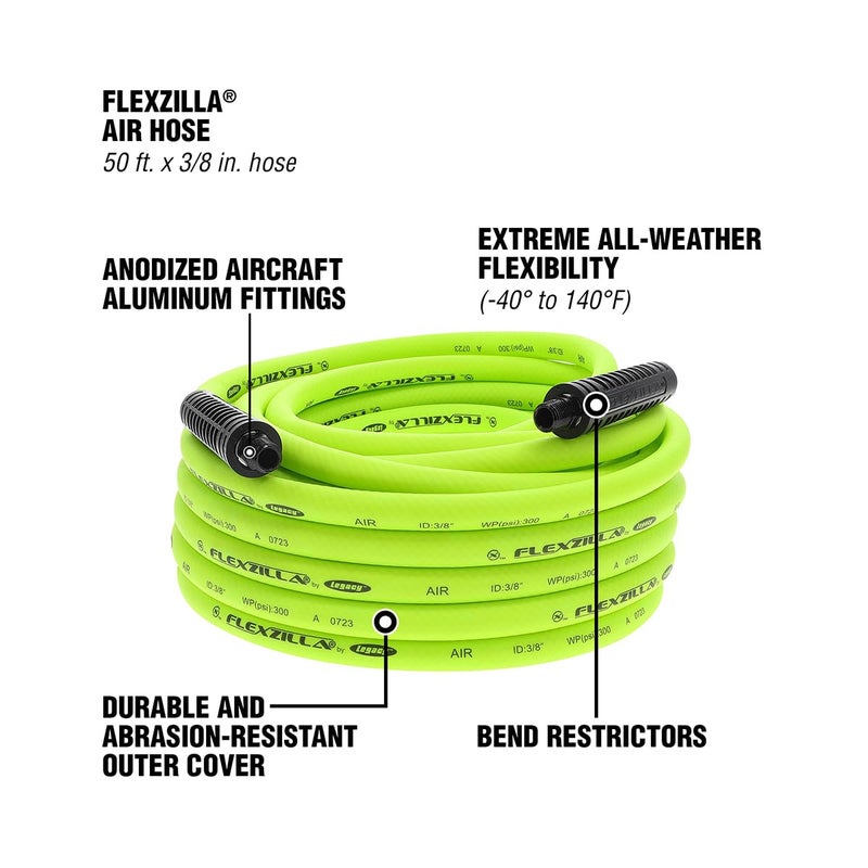 Flexzilla Air Hose, 3/8 in. x 50 ft., 1/4 in. MNPT Fittings, Heavy Duty, Lightweight, Hybrid, ZillaGreen - HFZ3850YW2 - Image 3