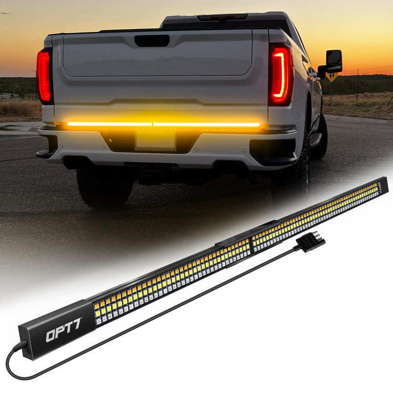 OPT7 Redline Parlux 60" Aluminum Truck Tailgate Light Bar w/Sequential Amber Turn - Rigid 2-Section Triple Row LED Strip, Dynamic Taillight w/Ignition Sequence, Triple-Flash White Reverse, Red Running - Image 1