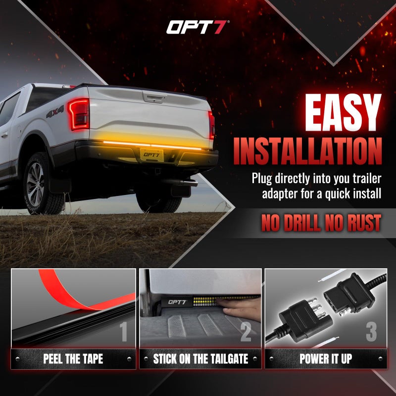 OPT7 Redline Parlux 60" Aluminum Truck Tailgate Light Bar w/Sequential Amber Turn - Rigid 2-Section Triple Row LED Strip, Dynamic Taillight w/Ignition Sequence, Triple-Flash White Reverse, Red Running - Image 3