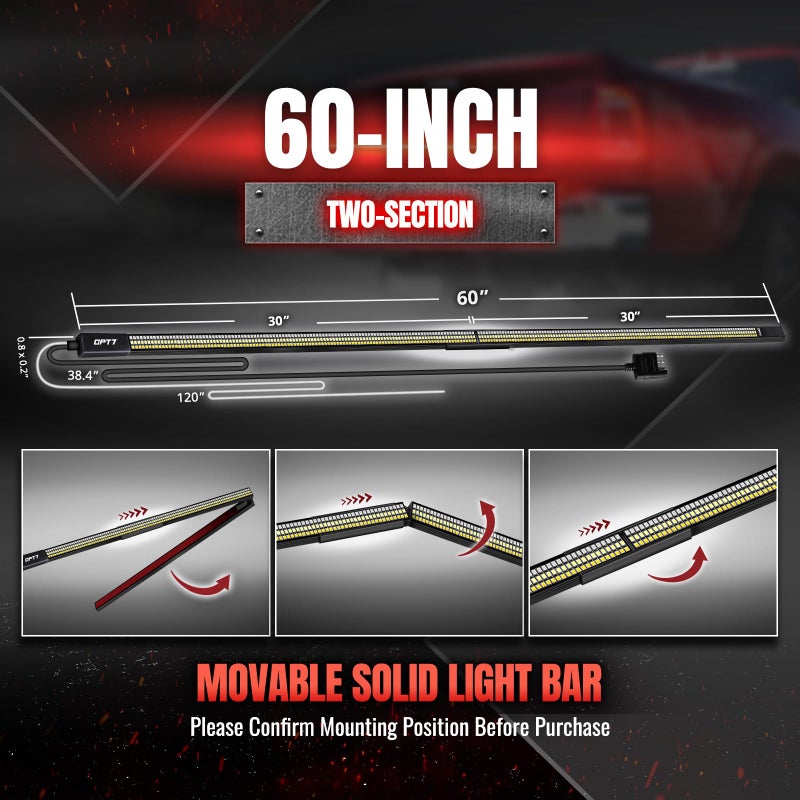 OPT7 Redline Parlux 60" Aluminum Truck Tailgate Light Bar w/Sequential Amber Turn - Rigid 2-Section Triple Row LED Strip, Dynamic Taillight w/Ignition Sequence, Triple-Flash White Reverse, Red Running - Image 2