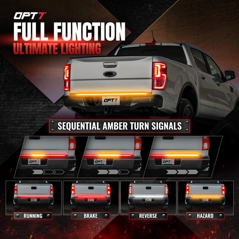 OPT7 Redline Parlux 60" Aluminum Truck Tailgate Light Bar w/Sequential Amber Turn - Rigid 2-Section Triple Row LED Strip, Dynamic Taillight w/Ignition Sequence, Triple-Flash White Reverse, Red Running - Image 5