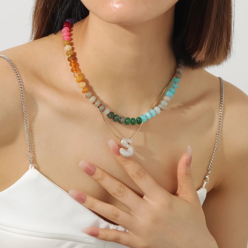 Qitian Beaded Gemstone Necklace for Women, Colorful Boho Bead Choker Necklace Natural Stone Freshwater Pearl Surfer Beach Necklace 18K Gold Plated Summer Handmade Jewelry Gifts - Image 2