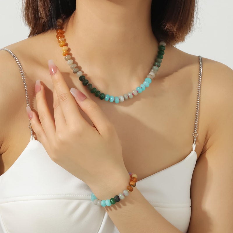 Qitian Beaded Gemstone Necklace for Women, Colorful Boho Bead Choker Necklace Natural Stone Freshwater Pearl Surfer Beach Necklace 18K Gold Plated Summer Handmade Jewelry Gifts - Image 5