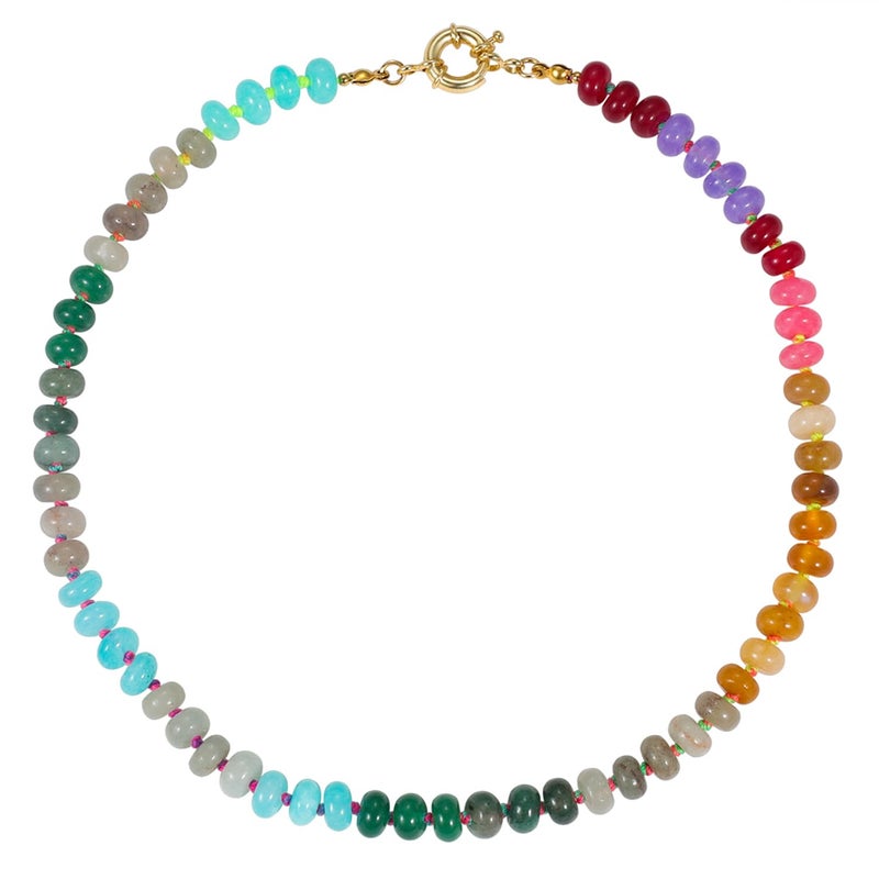 Qitian Beaded Gemstone Necklace for Women, Colorful Boho Bead Choker Necklace Natural Stone Freshwater Pearl Surfer Beach Necklace 18K Gold Plated Summer Handmade Jewelry Gifts - Image 1
