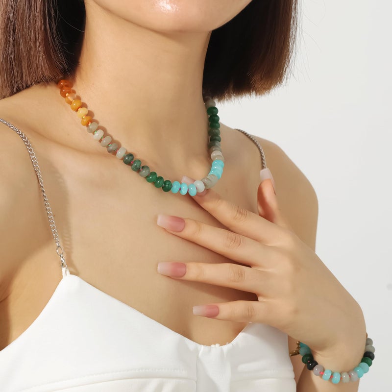 Qitian Beaded Gemstone Necklace for Women, Colorful Boho Bead Choker Necklace Natural Stone Freshwater Pearl Surfer Beach Necklace 18K Gold Plated Summer Handmade Jewelry Gifts - Image 3
