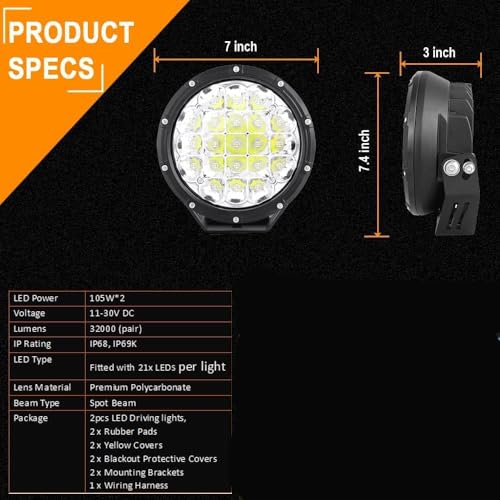 BIGLION.X BIGLIONX Round LED Offroad Lights 7inch 2pcs 210W 32000LM LED Off Road Light Super Bright Amber Offroad Lights Driving Light Spot Light Bar with Wiring Harness IP68 for Trucks Pickup ATV UTV SUV - Image 2