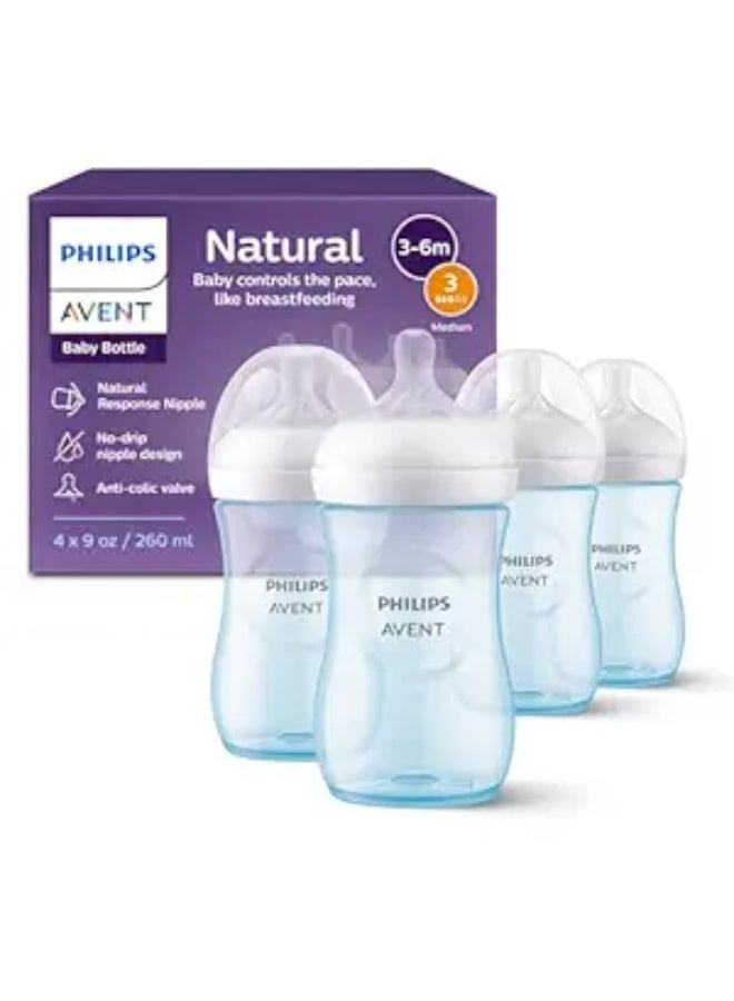 Avent Philips Avent Natural Baby Bottles – 9oz (260ml), 4-Pack, Natural Response Nipples, Medium Flow (Flow 3), Blue, SCY903/24 - Image 1