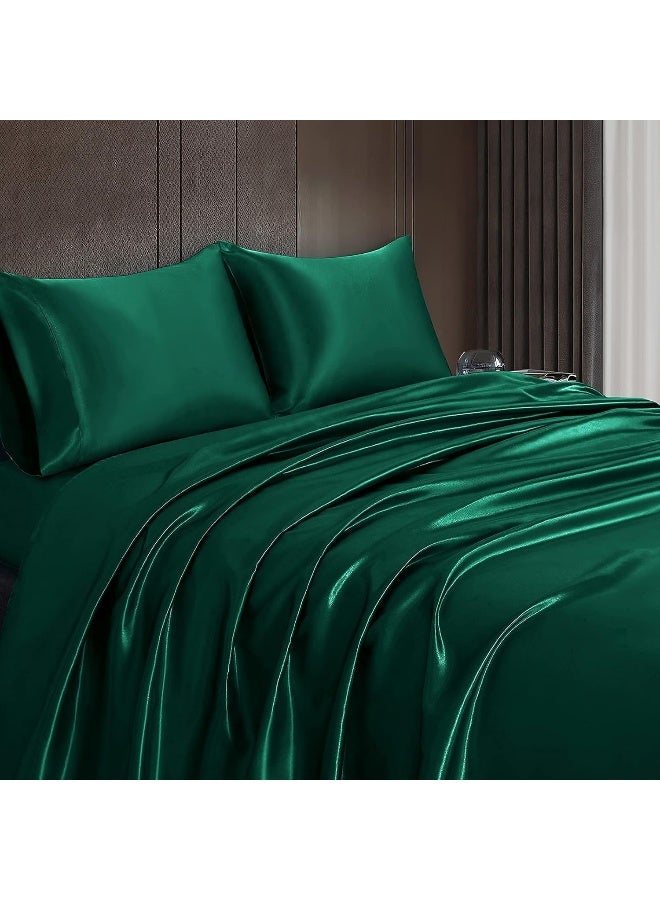 Homiest Homiest 4pcs RV Short Queen Satin Sheets Set Luxury Silky Satin Bedding Set with 10 "" Deep Pocket  Camper Queen Sheets  1 Fitted Sheet + 1 Flat Sheet + 2 Pillowcases (RV Short Queen  Blackish Green)  - Image 4
