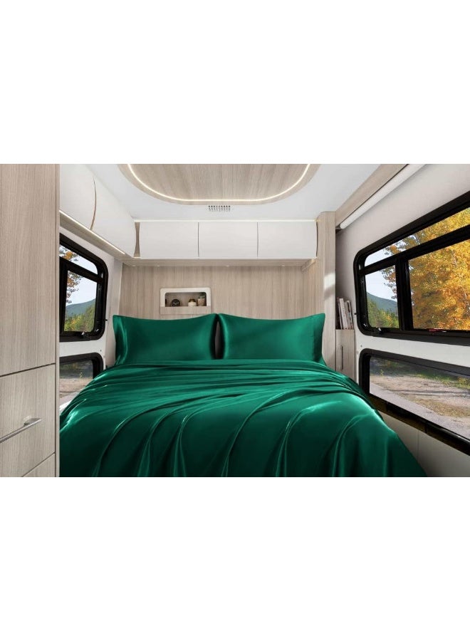 Homiest Homiest 4pcs RV Short Queen Satin Sheets Set Luxury Silky Satin Bedding Set with 10 "" Deep Pocket  Camper Queen Sheets  1 Fitted Sheet + 1 Flat Sheet + 2 Pillowcases (RV Short Queen  Blackish Green)  - Image 1