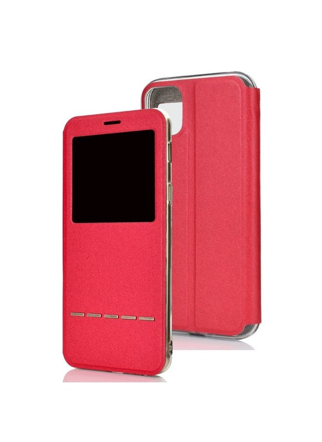Generic - Case Cover For iPhone 11 Pro Max Matte Texture Horizontal Flip Bracket Mobile Phone Holster Window with Caller ID and Metal Button Slide To Unlock Red - Image 1