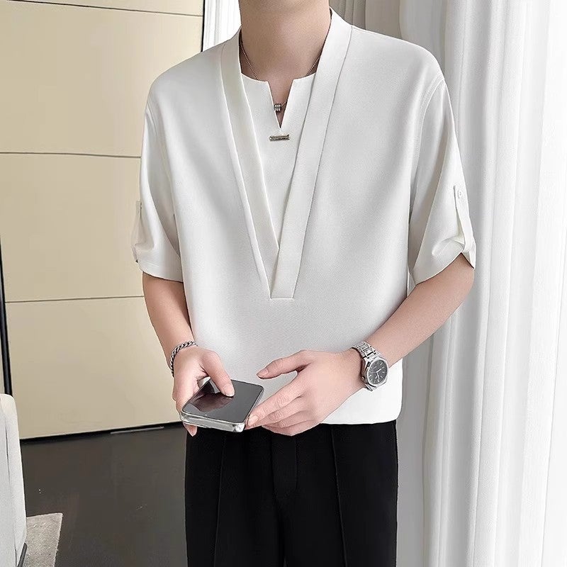 Fake Two-Piece Quarter-Sleeve T-Shirt For Men, Summer Trendy Brand Design, Loose Casual Ice Silk Short-Sleeve T-Shirt, Stylish And Handsome - Image 1