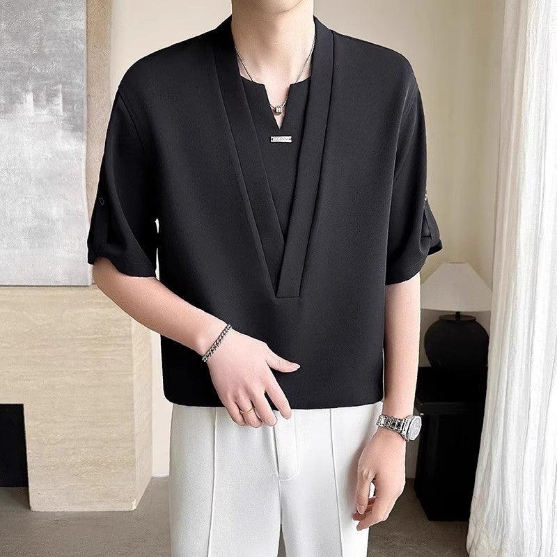 Fake Two-Piece Quarter-Sleeve T-Shirt For Men, Summer Trendy Brand Design, Loose Casual Ice Silk Short-Sleeve T-Shirt, Stylish And Handsome - Image 3