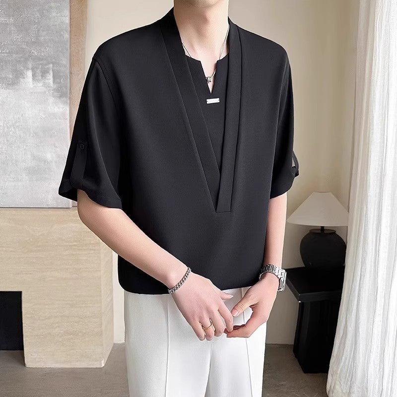 Fake Two-Piece Quarter-Sleeve T-Shirt For Men, Summer Trendy Brand Design, Loose Casual Ice Silk Short-Sleeve T-Shirt, Stylish And Handsome - Image 5